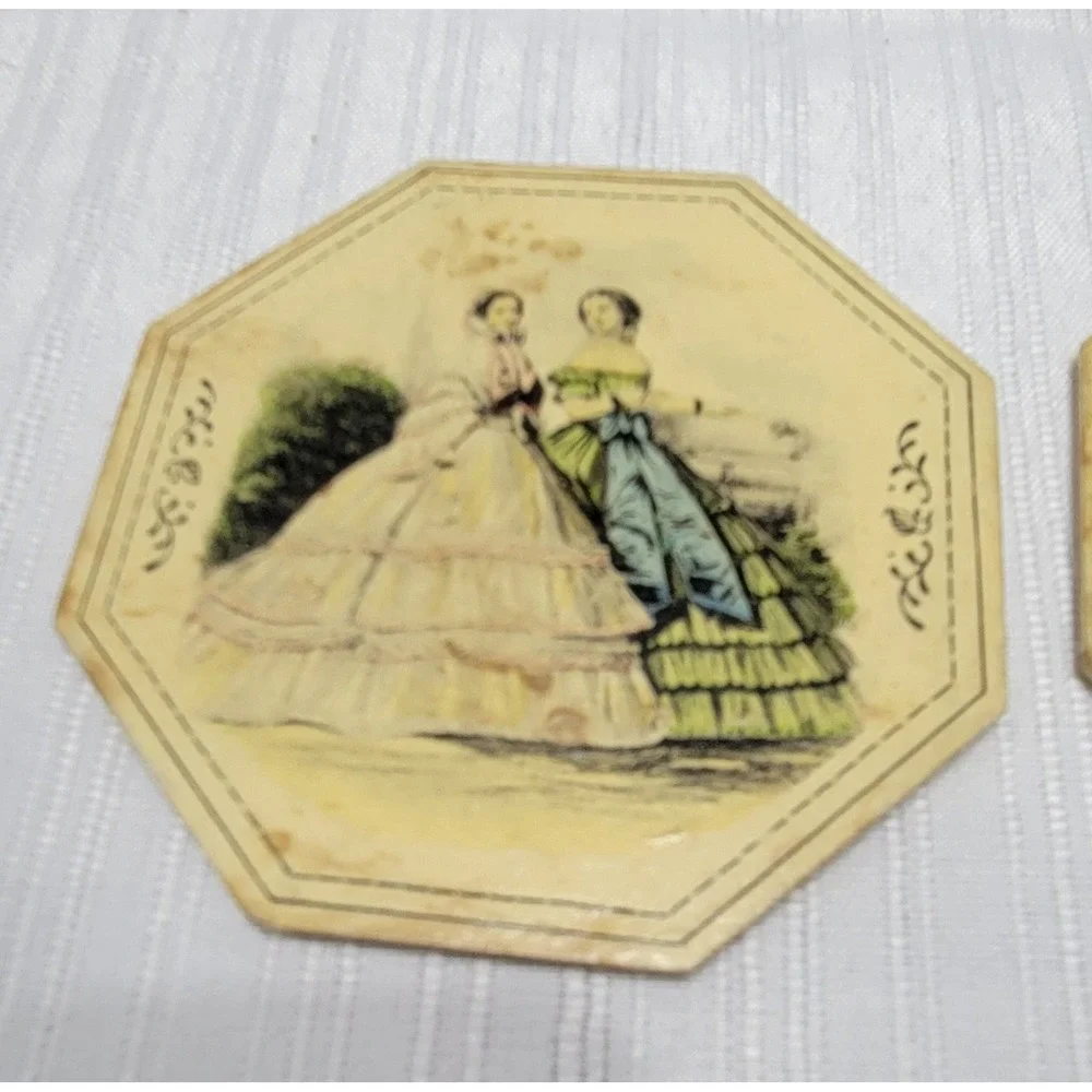 Coaster Set Vintage Victorian Fashion with Black Metal Caddy Octagon Shape